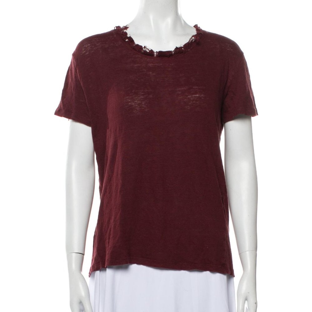 IRO Deep Red Distressed Linen Crew Neck T-Shirt, Size: M
